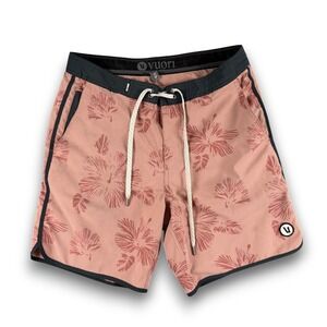Vuori Board Shorts Mens 30 Pink Hibiscus Floral Swim Trunks Drawstring Stretch
